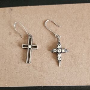 Yves Saint Laurent Asymetrical Oxidized Silver Tone Cross Drop Earrings